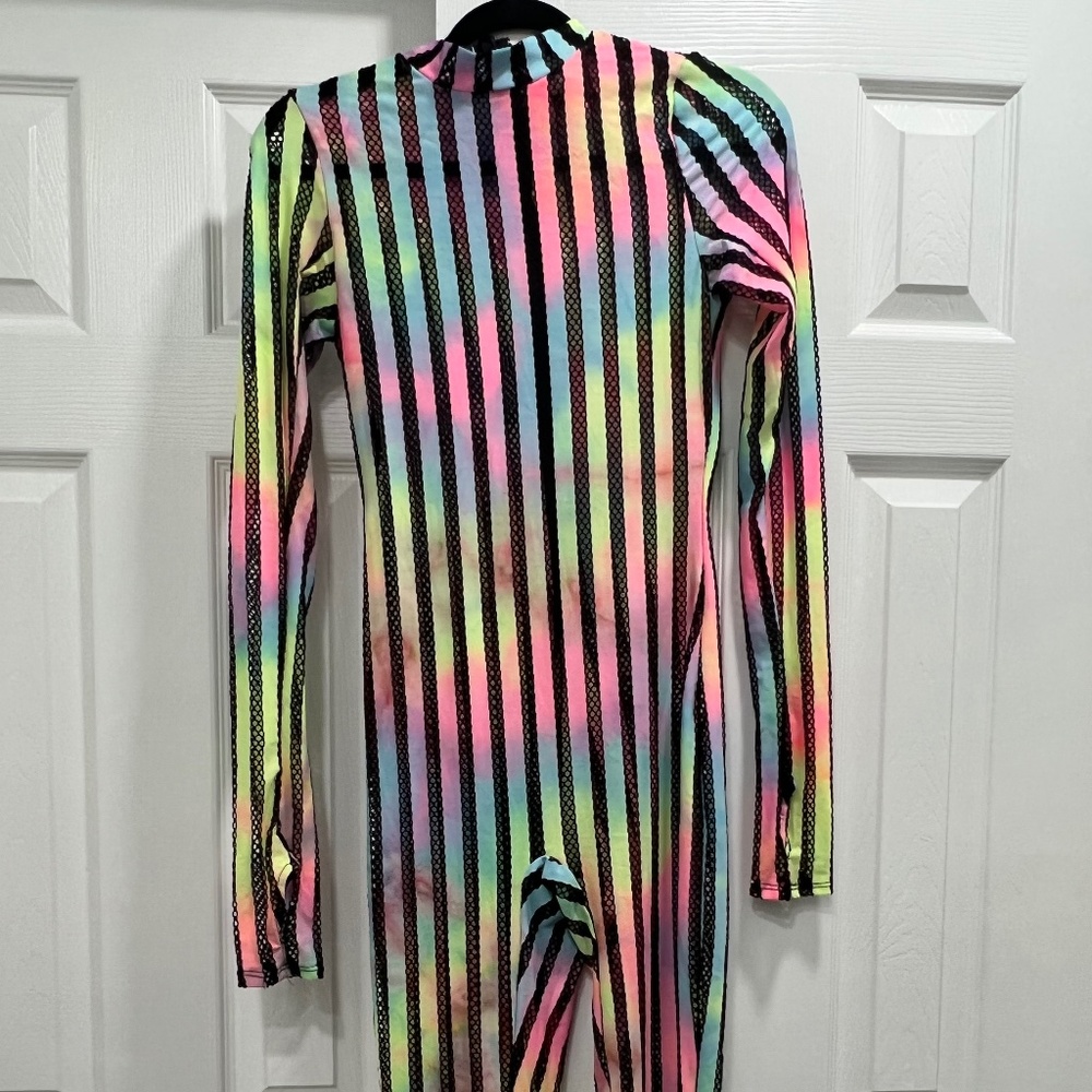 Rainbow Tie-Dye Striped Mesh Bodysuit Unitard Jumpsuit - Rave, Festival, Club